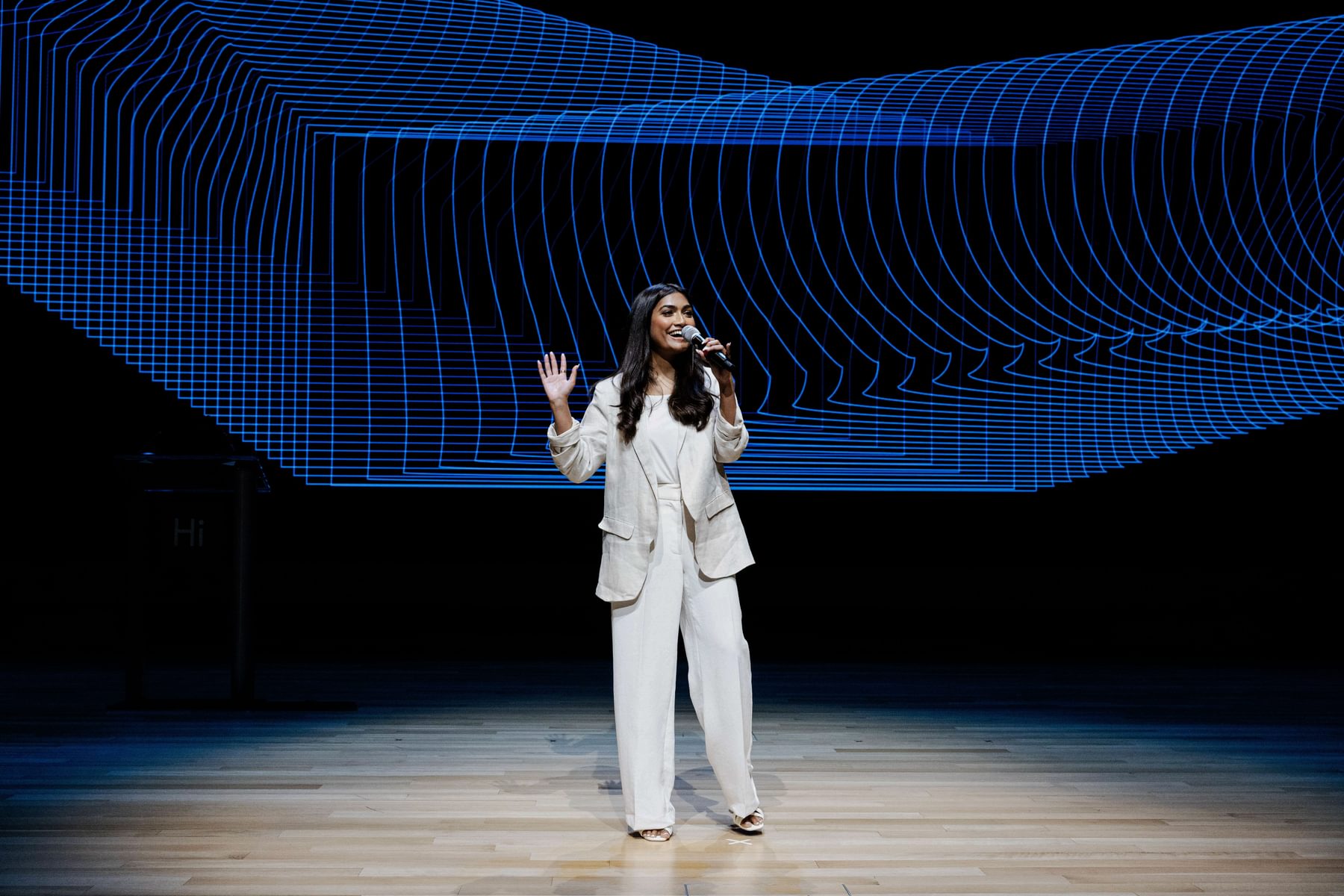 Aria Mustary of Mai Soli Foundation pitches onstage at the 2024 President's Innovation Challenge Awards Ceremony.