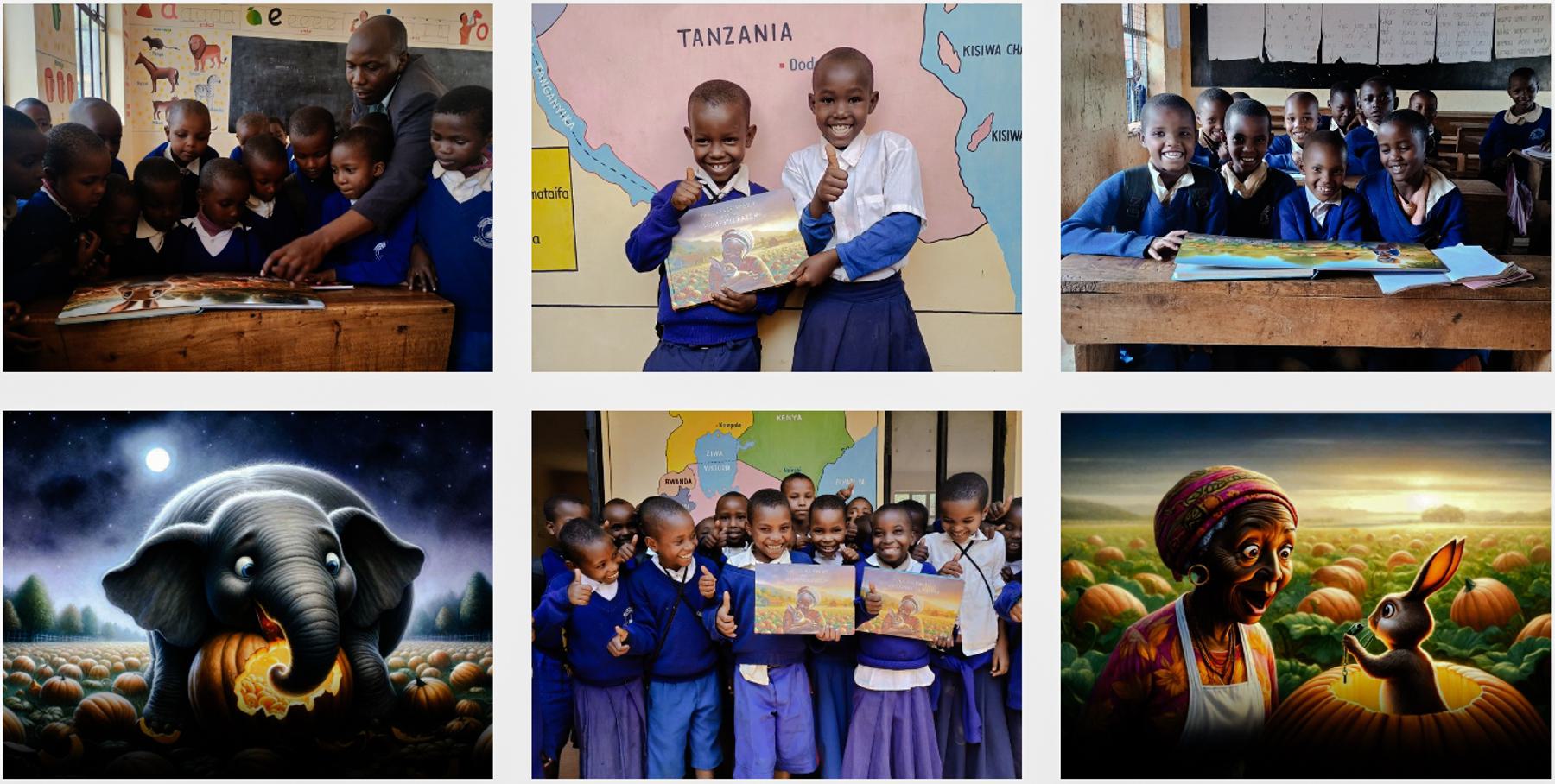 A collage of schoolchildren with Storyfave's illustrated picture books