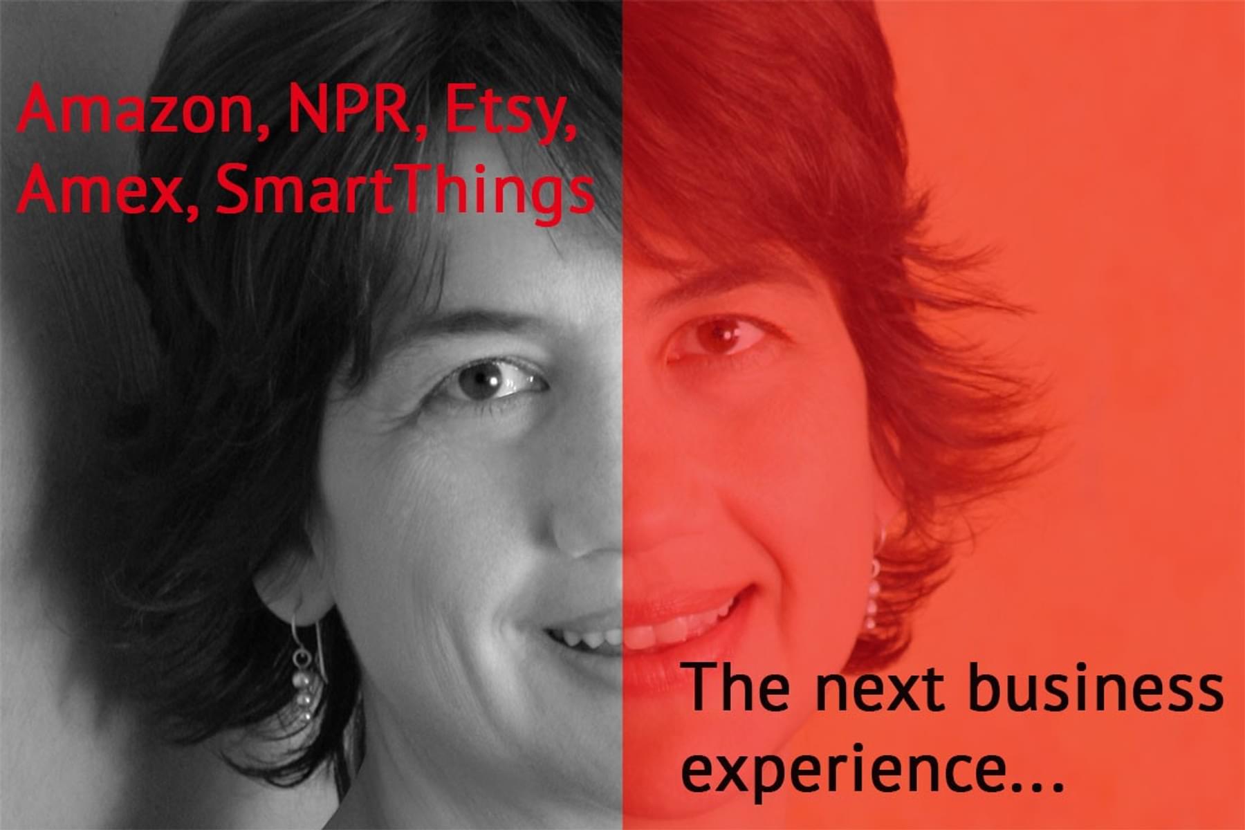 Photograph of Maria Thomas with text "Amazon, NPR, Etsy, AMEX, Smart Things; The next business experience..."